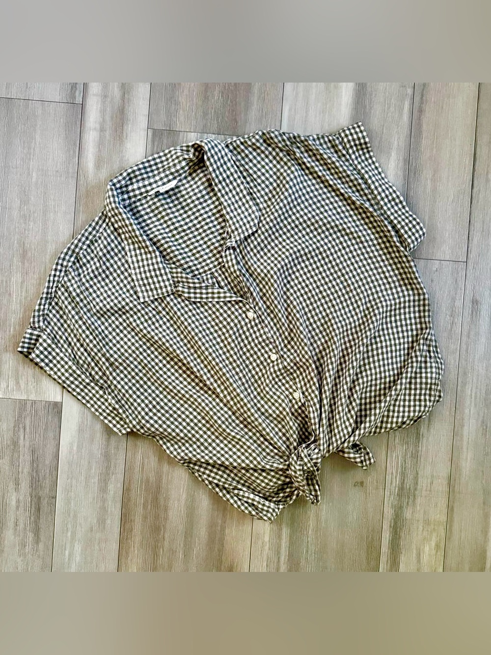 Lucky Brand Gingham Tie-Front Top L Green White Cottagecore Coastal Preppy